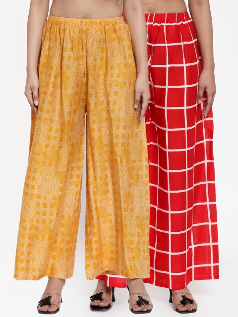 

NEUDIS Women Yellow & Red Set of 2 Checked Flared Palazzos