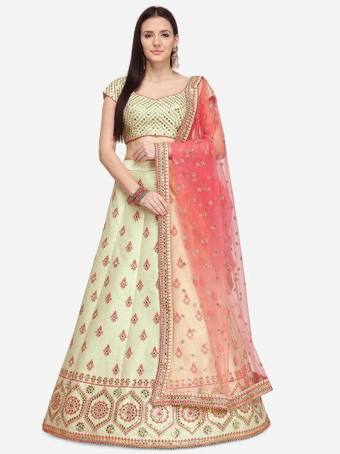 

NAKKASHI Green & Peach-Coloured Embroidered Semi-Stitched Lehenga & Unstitched Blouse with Dupatta