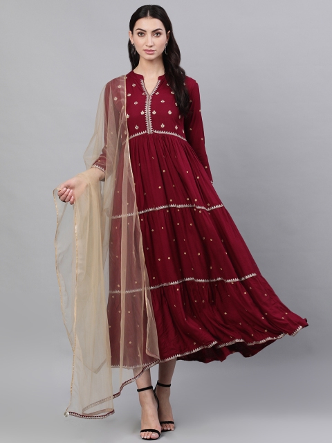 

Nayo Women Maroon Embroidered Maxi Dress