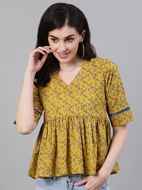 

Nayo Women Yellow Printed A-Line Pure Cotton Top