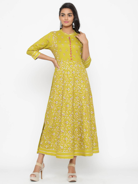 

WomenMagic Women Green & White Printed Straight Kurta