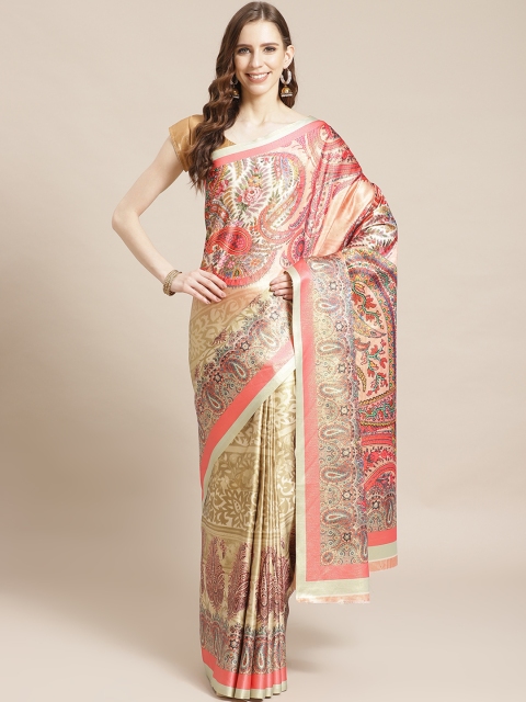 

Libas Beige & Red Satin Paisley Print Saree