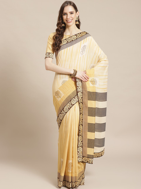 

Libas Cream-Coloured & Coffee Brown Pure Chiffon Striped Saree