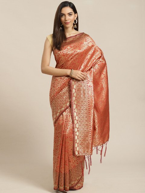 

Libas Rust Orange & Golden Woven Design Saree