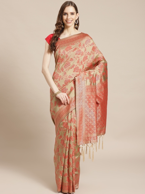 

Libas Taupe & Red Brocade Floral Woven Design Saree