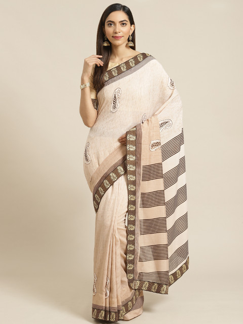 

Libas Beige & Coffee Brown Paisley Printed Saree