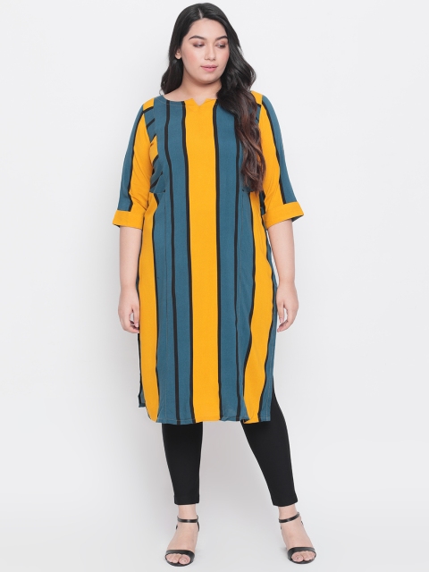 

Amydus Women Plus Size Yellow & Teal Blue Striped Straight Kurta