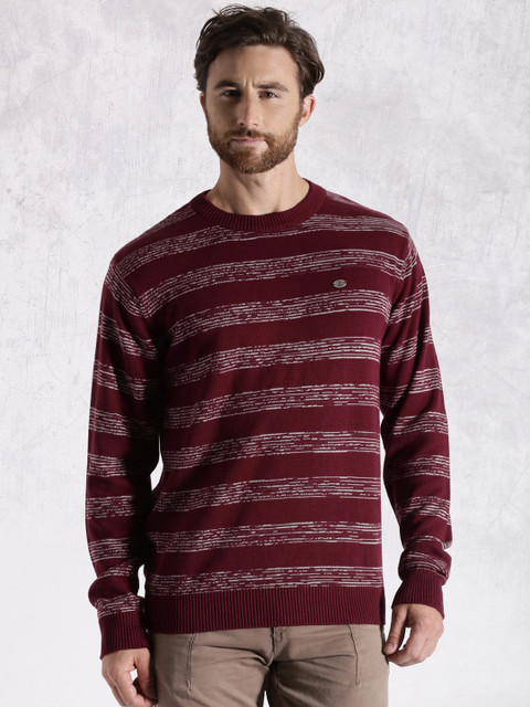 

Roadster Men Maroon Striped Sweater