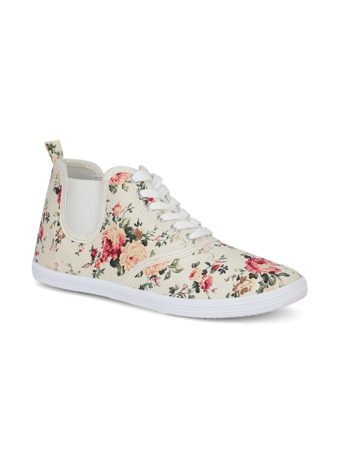 

Khadims Women Cream-Coloured Floral Printed Canvas Mid-Top Sneakers