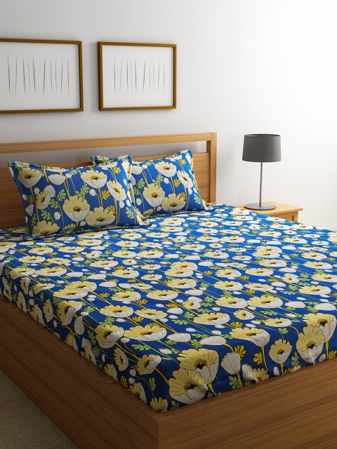 

URBAN DREAM Navy Blue & Yellow Floral 210 TC Cotton 1 Queen Bedsheet with 2 Pillow Covers