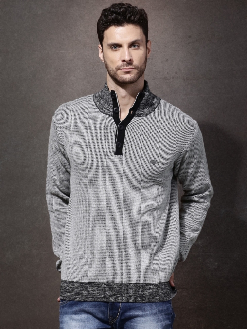 

Roadster Men Grey Self-Design Sweater