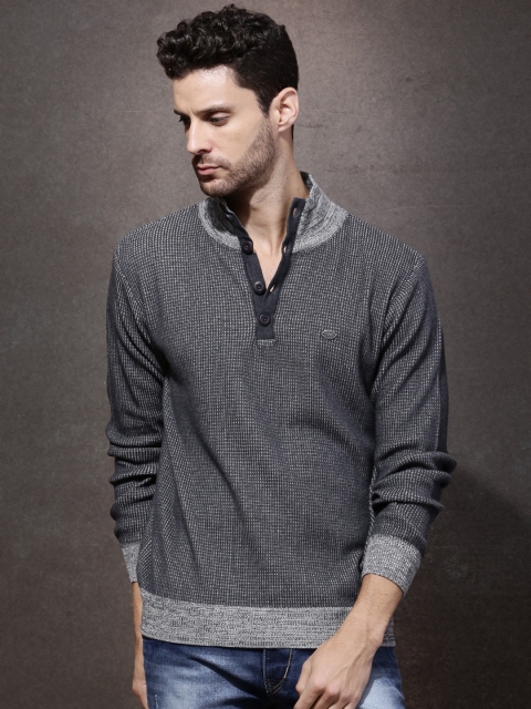 

Roadster Men Charcoal Grey Self-Design Sweater