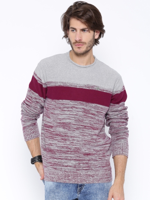 

Roadster Grey Melange & Maroon Striped Sweater