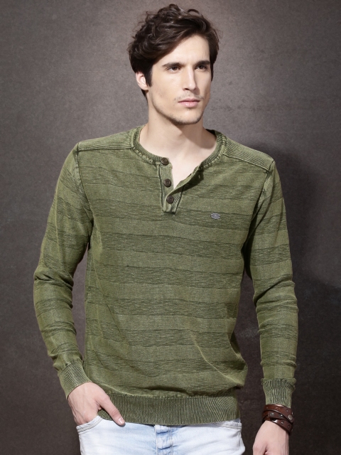 

Roadster Men Olive Green Self-Design Sweater