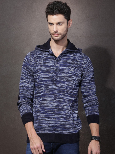 

Roadster Men Blue Self-Design Hooded Sweater