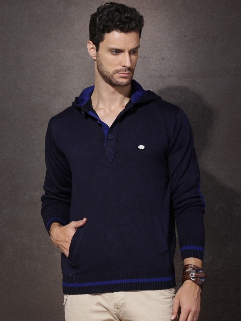 

Roadster Men Navy Solid Hooded Sweater, Navy blue