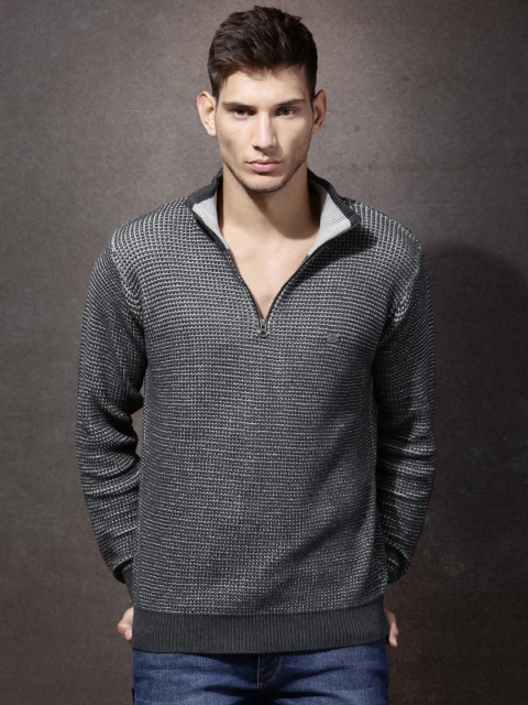 

Roadster Men Charcoal Grey & White Self-Design Sweater