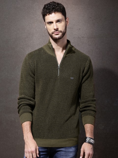 

Roadster Men Olive Green Self-Design Sweater