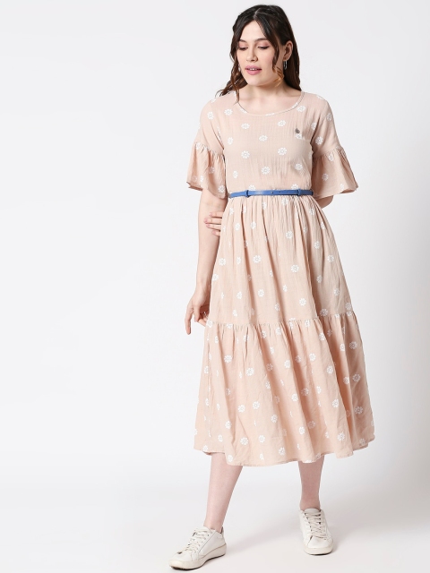 

TERQUOIS Women Beige Printed A-Line Dress