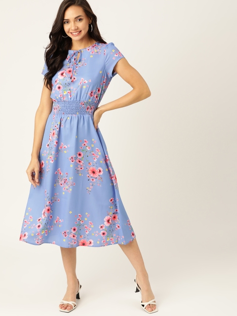 

DressBerry Blue & Pink Floral Print Tie-Up Neck Smocked A-Line Dress