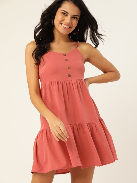 

DressBerry Women Coral Pink Solid Tiered A-Line Dress