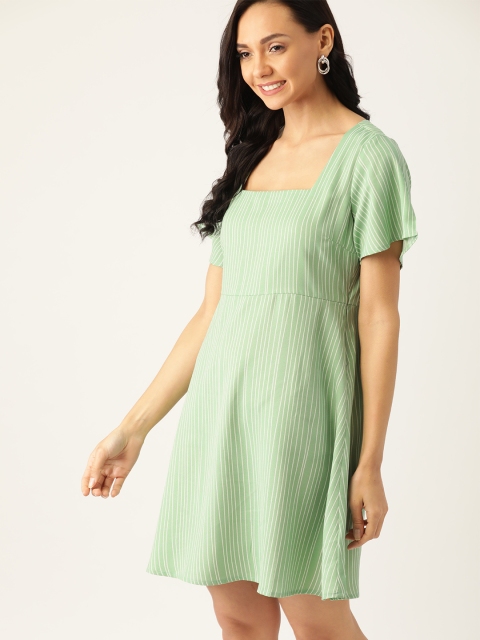 

DressBerry Women Green & White Striped A-Line Dress