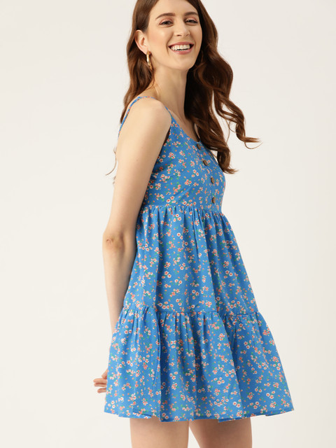 

DressBerry Blue Floral Printed A-Line Tiered Dress
