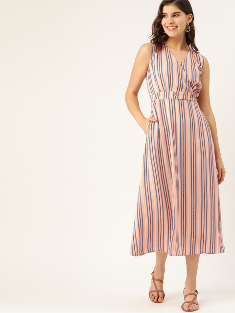 

DressBerry Women Peach-Coloured & Blue Striped Fit and Flare Wrap Dress