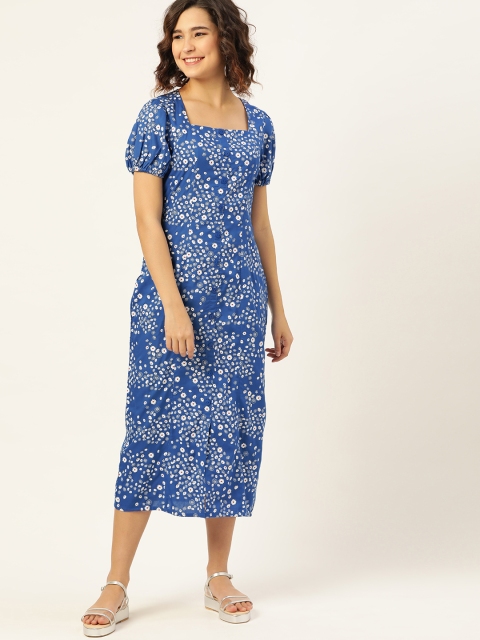 

DressBerry Women Blue & White Floral Print Lenzing Shift Midi Sustainable ECOVERO Dress