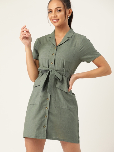 

DressBerry Women Olive Green Pure Cotton Solid Shirt Dress with Belt