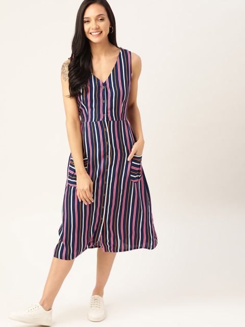 

DressBerry Women Navy Blue & Pink Striped A-Line Sustainable ECOVERO Dress