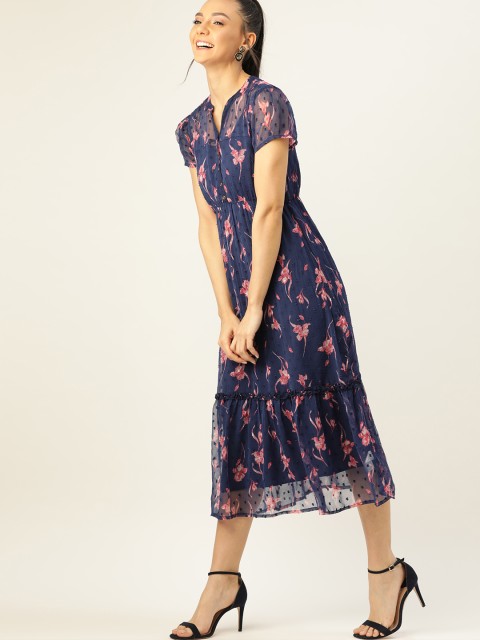 

DressBerry Women Navy Blue & Pink Floral Print Dobby Weaved A-Line Dress
