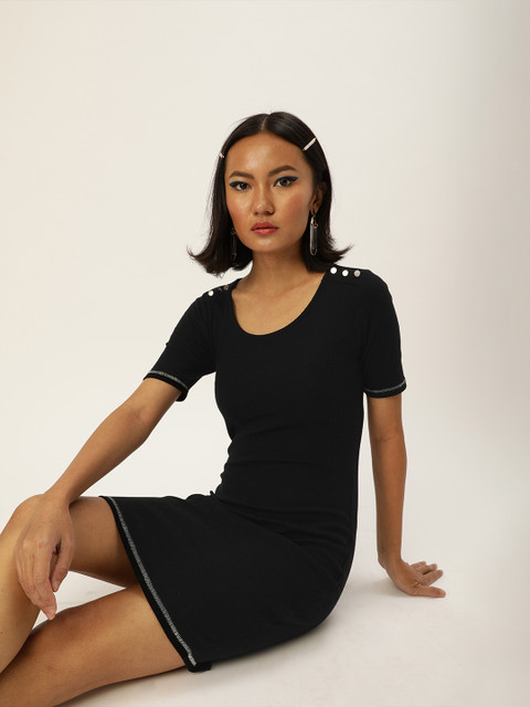 

DressBerry Women Black Ribbed Sheath Dress