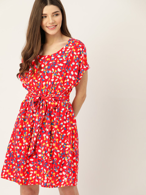 

DressBerry Women Red & Blue Printed Fit and Flare Sustainable ECOVERO Dress