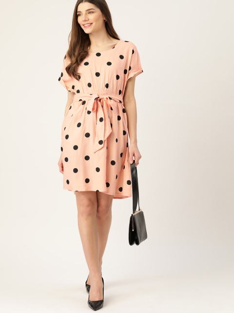 

DressBerry Women Peach-Coloured & Black Polka Dots Printed A-Line Sustainable ECOVERO Dress