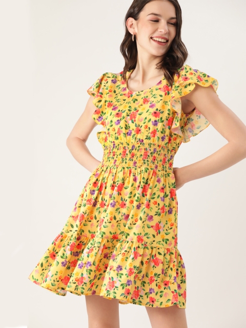 

DressBerry Women Yellow & Pink Floral Print Tiered A-Line Dress