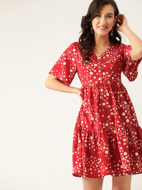 

DressBerry Women Red & White Floral Print Tiered A-Line Dress