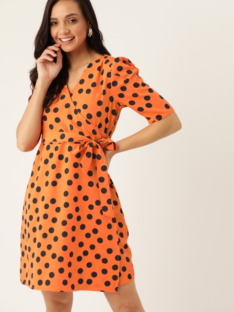 

DressBerry Women Orange & Navy Blue Polka Dot Print Belted Wrap Dress