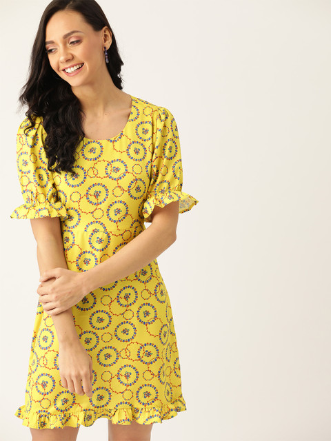 

DressBerry Women Yellow & Blue Floral Printed A-Line Dress