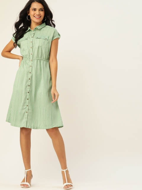 

DressBerry Women Green & White Striped Shirt Dress