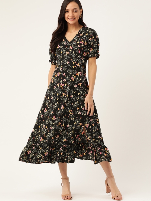

DressBerry Women Black & Yellow Floral Printed A-Line Dress
