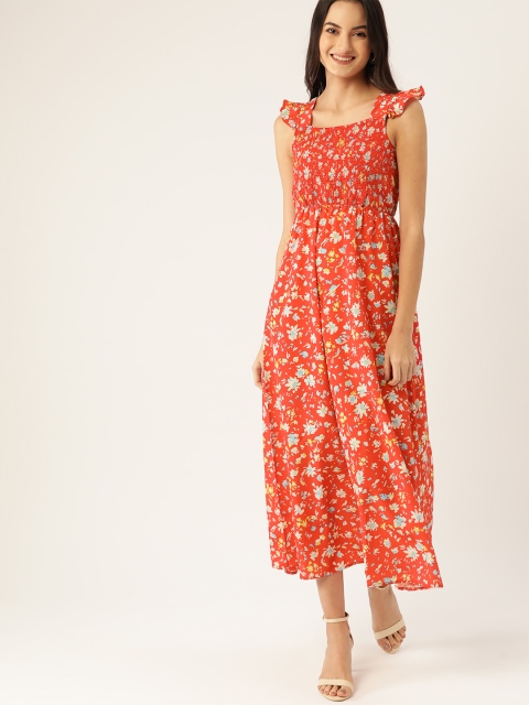 

DressBerry Women Orange & Off-White Smocked Floral Printed Maxi Dress