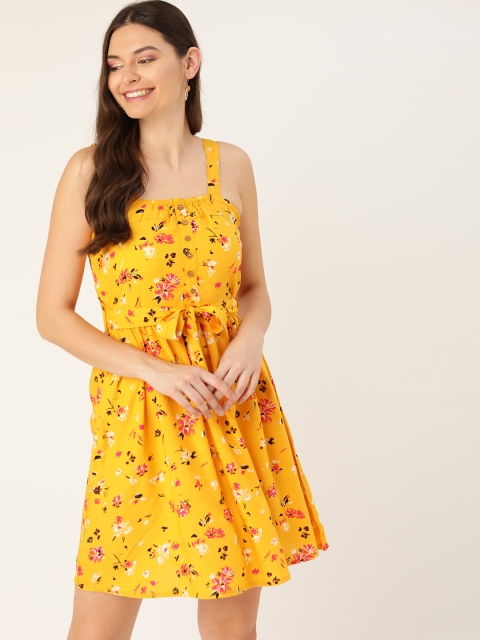 

DressBerry Women Yellow & Pink Floral Print A-Line Sustainable ECOVERO Dress with Belt