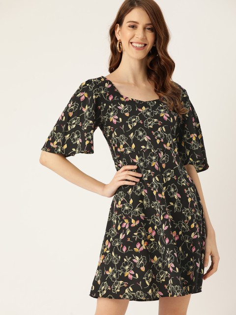 

DressBerry Women Black & Yellow Printed A-Line Dress