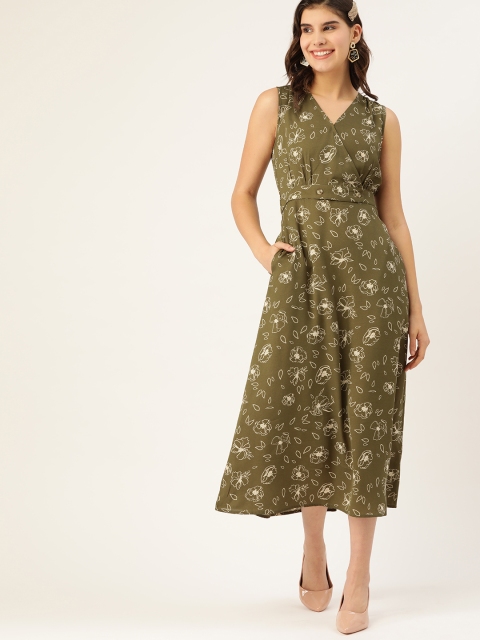 

DressBerry Women Olive Green & Cream-Coloured Floral Print A-Line Wrap Dress