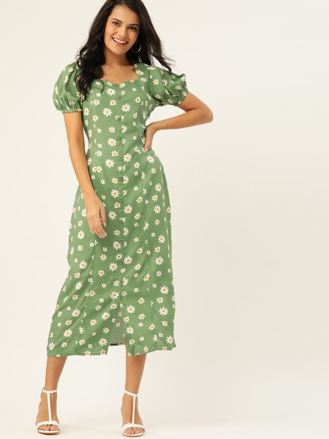 

DressBerry Women Green & White Floral Print A-Line Sustainable ECOVERO Dress