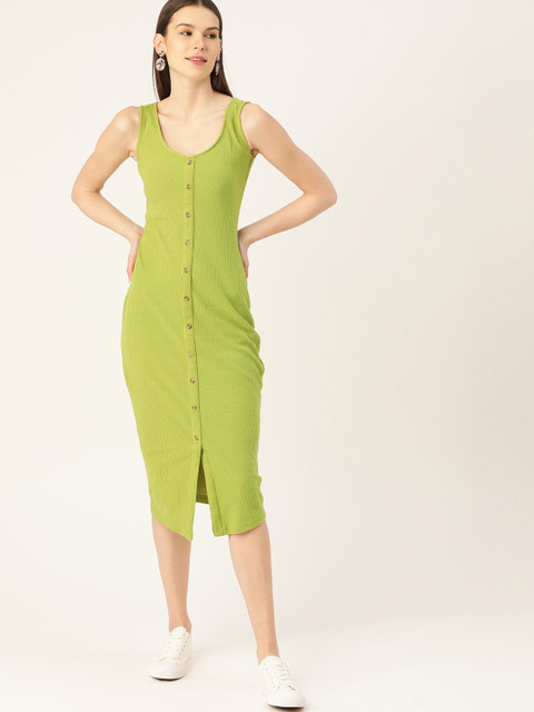 

DressBerry Women Lime Green Ribbed Solid Sheath Dress