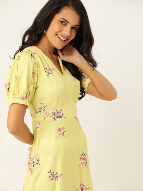 

DressBerry Women Yellow & Pink Floral Printed Puff Sleeves Maxi Dress
