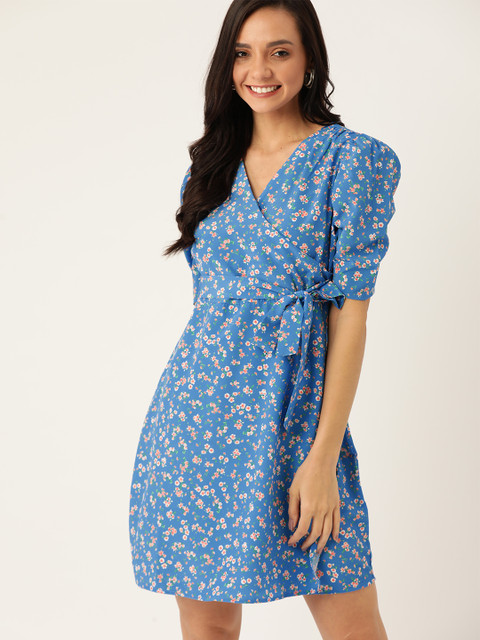 

DressBerry Women Blue & Peach-Coloured Floral Print Layered Belted Wrap Dress