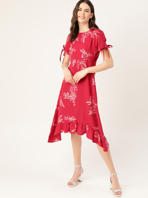 

DressBerry Women Pink Floral Print Asymmetric Midi A-Line Dress